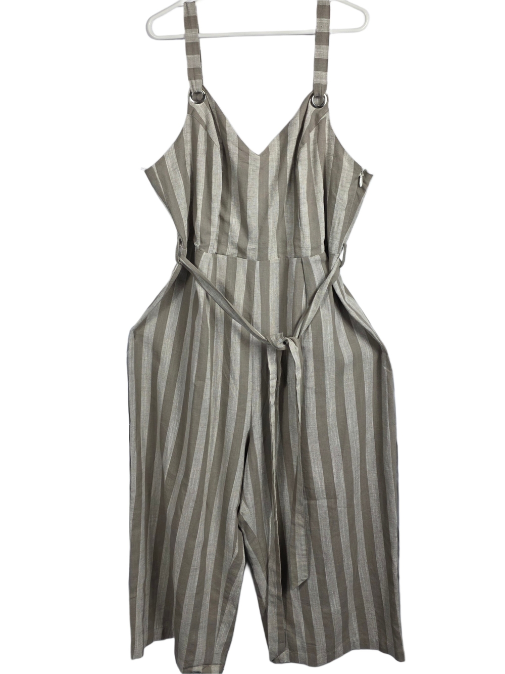 City Chic Oatmeal Stripe V-Neck Cropped Plus Size Jumpsuit